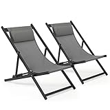 Mondeer Sonnenliege 2er Set, klappbarer Liegestuhl mit Kopfstütze und Verstellbarer Rückenlehne für Garten Pool Terrasse, Belastbarkeit 130kg, W104 x D58 x H95cm, Dunkelgrau