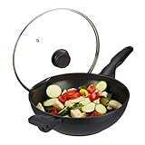 Relaxdays Wok Pfanne mit Glasdeckel 30 cm, Griffe, Antihaftbeschichtung, für Induktion, Gas-, Elektroherd, 4 l, schwarz