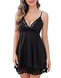 Avidlove Damen Sexy Dessous Spitze Chemise Satin Nachthemd V-Ausschnitt Negligee Slip Valentinstag Schwarz L