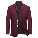 KUDMOL Herrenmantel Stehkragen Wollmischung Trenchcoat Klassischer Vintage einreihiger Wintermantel(Burgund,3XL)