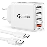 USB Ladegerät Mehrfach mit 1M USB C Kabel, USB Netzteil 4 Ports 33W USB Schnellladegerät Mehrfach mit QC3.0 Ladegerät USB Adapter Steckdose Ladestecker für iPhone 16 15 Plus,Samsung S24/S23/S21,Handy