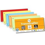perfect line 200 Trennstreifen für Ordner A4, Trennblätter aus Recycling-Karton, MADE IN GERMANY, 5 Farben, gelocht