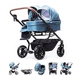 ZEKIWA Geschwisterwagen 3 in 1 [+ SPORTWAGENAUFSATZ] Zwillingswagen 3 in 1, Gestell schwarz + Wickeltasche + Regenschutz einfachen Klappsystem - Zekiwa DreamDuo Azur