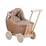 e-wicker24 Puppenwagen aus Weide mit Bettwäsche perfekte Geschenkidee Korbpuppenwagen schöner Spielzeug aus Korbgeflecht Korbwagen für Puppen Spielzeug für Mädchen (Beige)