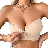 Damen Trägerloser BH mit transparenten Trägern Front Buckle Push Up BH Nahtloser Bandeau BH mit Rutschfestem Innenfutter Tube Top(D474SJ,Beige,L)