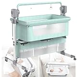 UKDUANWEI Elektrisches Babybett,höhenverstellbares Baby-Beistellbett mit abnehmbarem Netz,feststellbaren Rädern,Aufbewahrungskorb und Tragetasche,zusammenklappbares Neugeborenenbett(Green)