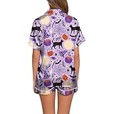 Generisch Halloween Schlafanzug Damen Kurz Pyjama Set Knöpfen Shirt und Shorts Zweiteiler Sommer Leicht Nachtwäsche mit Skelett Kürbis Druck Lustige Festival Karneval Kostüm