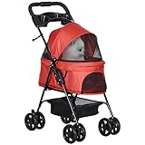 PawHut Hundewagen Hundebuggy mit Klappfunktion Pet Stroller für kleine Hunde und Katzen Haustierwagen Katzenbuggy Oxford Rot 67 x 45 x 96 cm