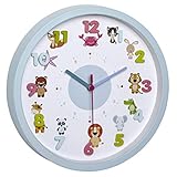 TFA Dostmann Little Animals Kinder-Wanduhr mit Tier-Motiven, Zoo, 60.3051, leises Uhrwerk, ideal für das Kinderzimmer, aus Kunststoff, hellblau