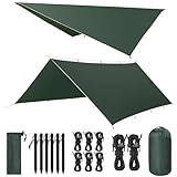 VOSOIR Tarp 3x4M Wasserdicht, Ultraleicht Camping Zeltplane, mit 15 Öse+6 Aluminiumstifte+8 Nylonseile, Anti-UV Schnee Regen Schutz, Leicht Kompakt für Hängematte Camping Picknick Wandern(Dunkelgrün)