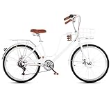 LSQXSS 24' 26' Zoll Beach & City Cruiser Hybrid 7-Gang-Stadtfahrrad für Junge Mädchen, Stadtpendlerfahrrad mit Vorderkorb und Hintergepäckträger, Doppelscheibenbremsen, formelles Rennrad für Frauen