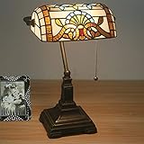Grüne Banker-Lampe, Nachttischlampe, LED-Schreibtischlampe, Leseleuchte, Klavier-Schreibtisch-Tischleuchte im Tiffany-Stil, 38,1 cm, bronzefarbene Blumenkunst, Buntglas-Schirm, Dekor für Schlafzimmer
