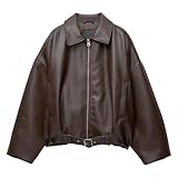 Kunstlederjacke für Damen, Bomberjacke aus Kunstleder, bauchfrei, übergroßes Revers, durchgehender Reißverschluss, Pilotenmantel, coffee, M