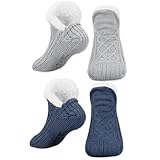 JSTHHTT 2 Paar Rutschfeste Hausschuhsocken, Haussocken Herren & Damen Flauschig Hüttensocken Winter Rutschfest Stoppersocken mit Wolle, Wärmehaltesocken Gestrickte Socken Sherpa Fuzzy Bett Hausschuh