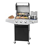Unovivy 3-Brenner Propangas BBQ Grill mit Seitenbrenner & porzellanemaillierten Gusseisenrosten Integriertes Thermometer, 39.000 BTU Outdoor Kochen, Terrasse, Gartengrill, Schwarz und Silber