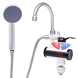 Elektrischer Warmwasserhahn mit Handbrause, 3300W Elektrische Wasserhahn mit Durchlauferhitzer, Stufenlose Temperatur(30-60°C), LED-Display, für Küche/Bad