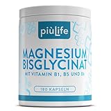 Magnesium Bisglycinat Hochdosiert 300 mg mit Vitamin B6, B1, B5 PiùLife – als Magnesium Glycinat Kapseln mit hoher Bioverfügbarkeit für Muskeln, Stress & Energie – Vegan, Glutenfrei, Laktosefrek