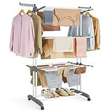 SONGMICS Wäscheständer, Standtrockner 4 Ebenen, Flügelwäscheständer, klappbare Flügel, mit Rollen, 63,5 x 128 x 173 cm, groß, einfacher Aufbau, für Innen- und Außenbereich, weiß LLR701W01