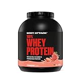 Body Attack 100% Whey Protein Strawberry, 2 kg - Made in Germany - extra cremiges Eiweißpulver mit Hydrolysat und BCAA´s, unterstützt Muskelaufbau und Diäten, für alle Sportler & Athleten