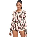 Damen Rashguard Shirts Sonnenschutz Kleidung UPF 50+ Langarm Sonnenshirts Rashguard Tops, Grüne und rote Streifen, L