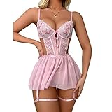 RPAEOY Dessous Sexy Damen Negligee Dessous Kleid Strapsen Dessous Set Nachtkleid mit G-String Reizwäsche Sleepwear Spitze Babydoll Nachtwäsche (Rosa, S)