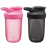 Alaoo Protein Shaker, 2 Stück 400ml Proteinshaker Flasche, Fitness Shaker mit 2 Mixball Edelstahl, BPA-frei und Auslaufsicher Proteinshaker mit Messskala für Proteinpulver, Proteinshake (Schwarz+Rosa