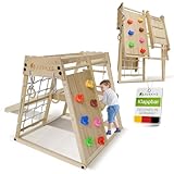 Juskys® Mini Klettergerüst für Kinder - Indoor Spielplatz mit Rutsche, Kletterwand, Kletternetz & Turnringe - Holz Kletterturm klappbar - Natur