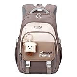 Amythe Schulrucksack Teenager - 36L Schulranzen für Mädchen ab 5. Klasse, Großer Rucksack für Mittel- und Oberstufe, Lässiger Kinderrucksack mit Süßem Anhänger und Trolleyband, Braun