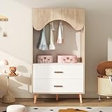 Soweiz Kinderkleiderschrank, Kleiderschrank mit Kleiderstange, mit Schubladen, offener Kleiderschrank, Vollholzgriffen, aus Spanplatte, weiß+natürliches Holz, 80×46×141,5cm