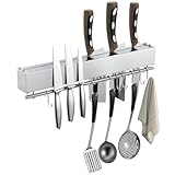 3-in-1 Magnetisch Messerblock, 40cm rostfreie Stähle Magnetleiste Messerhalter mit Hakenleiste&8 Haken&Messeraufbewahrung, messerblock magnetisch mit leistungsstarke Klebeband und Schrauben-Silbrig