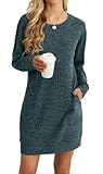 PrinStory Strickkleid Damen Langärmelig Winterkleid Lässig Rundhalsausschnitt Urlaub Hautfreundlich Pulloverkleid Leicht Freizeitkleid Mit Seitentaschen (Dunkelgrün, M)