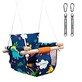 Katomi Schaukel für Baby Kinder mit Sicherheitsgurt Edelstahl Karabiner Weichen Kissen bis 50kg Zulässig Längenverstellbaren CE Umwelt Stoff Dinosaurier-Muster für Garten In- Outdoor