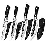 Professionelles Metzger-Messerset 4-teilig, Inkl. Hackbeil (29cm), Ausbeinmesser (29,5cm), Filetiermesser (27cm) & Allzweckmesser (29,5cm) mit Lederscheide, Handpoliert, Extrascharf, Für Metzgerei
