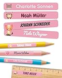 melu kids® Namensaufkleber Kinder für Schule & Kita (75 Stück) - Personalisierte Aufkleber mit Namen für Stifte und alle Schulsachen - Wasserfest in Spülmaschine (Rosa)