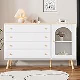 Weiße Kommode 40x120x77,5cm 4 breite Schubladen für Esszimmer, Küche, Wohnzimmer, moderner Stil