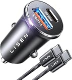 LISEN 95W Zigarettenanzünder USB C Verteiler [12v Steckdose Dualer PD65W ] KFZ Ladegerät USB C Auto Ladegerät Adapter Schnellladung Mit USB C Kabel, für Samsung S24 S23 iPhone 16 15 Pro Max Android