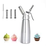 umyeoqoyo Sahnespender-250ml, Sahnesyphon Edelstahl mit 3 Dekorations-Düsen und 1 Reinigungsbürsten, Edelstahl Sahnespender für Cremes und Soßen