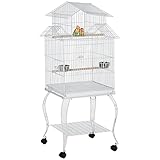 PawHut Vogelkäfig auf Rädern Großer Vogelkäfig mit Ständer Voliere mit abnehmbarem Tablett Türen Fütterungen Sitzstangen und Bodenregal für Kakadu Nymphe Sonne Sittich 50x49x137 cm Weiß