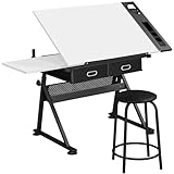 Yaheetech Zeichentisch Architektentisch Verstellbarer Tischplatte Schreibtisch Schülerschreibtisch mit Hocker und Schubladen Höhenverstellbar Arbeitstisch für Techniker Architekten Weiß