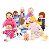 Homethrive Puppenhaus Puppen 13 Stück Puppenhaus Figuren Familie mit Katze und Hund Biegepuppen Puppenhaus Puppenfamilie Set für Puppenhaus Zubehör Kinder Spiel Haus Geschenk Holz