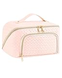 Groß Kosmetiktasche Schminktasche wasserdichte PU-Leder Reise Make-up-Tasche mit Große Weit Offener Tasche für Damen Frauen (Vintage-Pink)