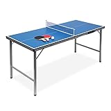 Relaxdays Unisex Jugend Midi Indoor Klappbare Tischtennisplatte, HBT: 71 x 150 x 67 cm, tragbarer Ping Pong Tisch, Netz, Bälle, Schläger, blau