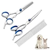 3er-Pack Profi Hundeschere Set,Katzen Hundeschere Gebogen,Effilierschere Hunde Schere,Fellschere Hunde,Hundehaare Schneiden,Gebogene Schere,Inkl Gebogene Gerade schere Fellpflegekamm,(Blau, 3in1)