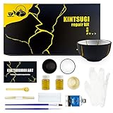 LAMXIN Kintsugi Set Gold, Kintsugi Reparieren Sie Ihre Cherish Keramik mit Gold Pulverkleber,Starter Reparatur Keramik Kintsugi Reparatur Set Perfekt für Anfänger, mit zwei Übungsbecher