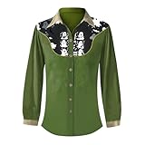 Halloween Kostüm Damen Hemdbluse Lässiges Hemd mit Knopfleiste Retro Bluse Damen Langarm Button Down Shirt V-Ausschnitt Tunika Elegante Oberteile