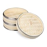 Relaxdays Bambus Dampfgarer, 2 Etagen, mit Metallringen, asiatischer Dampfkorb für Reis, Dim Sum, Gemüse, Ø25,5cm, natur, Hellbraun, Silber