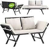 Casaria® Polyrattan Gartenbank mit Liegefunktion Auflage Kissen Verstellbare Armlehnen Wetterfest Draußen Garten Terrasse Balkon Bank Couch Liege Schwarz