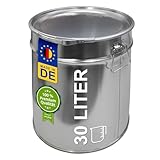 plasteo® 30 Liter Blecheimer Hobbock Fass mit Deckel und Spannring | Stabile Seitliche Metallgriffe | Luft und Flüssigkeitsdicht | Robust und Stapelbar | Gefahrgut Tauglich