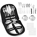 ADERTOS 13-Teilige Campingbesteck Set 2 personen Edelstahl Outdoor Reisebesteck Silber Groß Besteckset Tragbar Camping Besteckset mit Löffel, Gabel, Messer, Bestecktasche für Outdoor, Picknick Reisen
