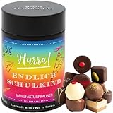 Hallingers Hurra! Endlich Schulkind - Manufaktur Pralinen handmade ohne Alkohol aus Edelkakao Schokolade Schultüte Geschenk zum Schulanfang (Dose) - Geschenk im Sommer & als perfektes Grillgeschenk |
